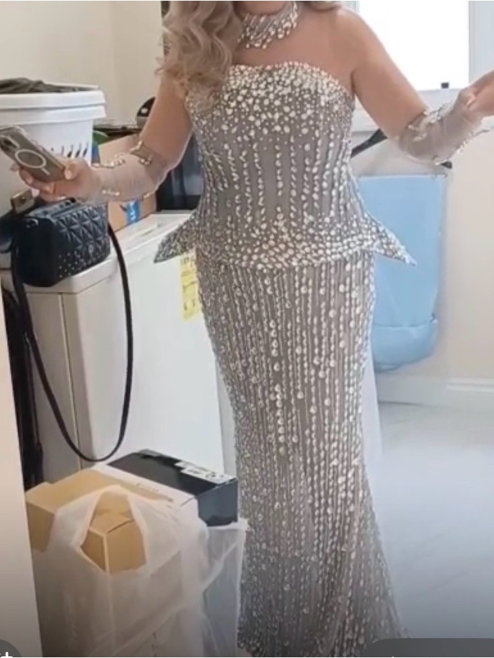 Silver Beaded Strapless Evening Gown